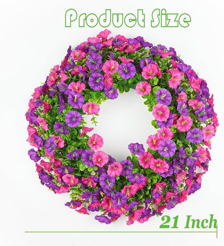 Summer Wreaths for Front Door, 21 Inch Artificial Morning Glory Boxwood Wreaths for Door Window Wall, Outdoor Spring Summer Wreath Weatherproof, Floral Porch Decor for All Season Purple Red in Saudi Arabia