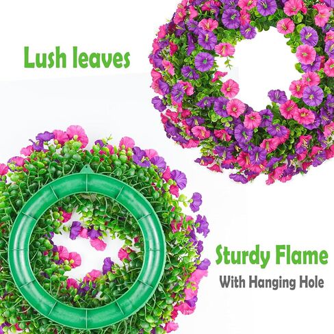 Summer Wreaths for Front Door, 21 Inch Artificial Morning Glory Boxwood Wreaths for Door Window Wall, Outdoor Spring Summer Wreath Weatherproof, Floral Porch Decor for All Season Purple Red in Saudi Arabia