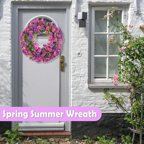 Summer Wreaths for Front Door, 21 Inch Artificial Morning Glory Boxwood Wreaths for Door Window Wall, Outdoor Spring Summer Wreath Weatherproof, Floral Porch Decor for All Season Purple Red in Saudi Arabia