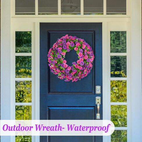 Summer Wreaths for Front Door, 21 Inch Artificial Morning Glory Boxwood Wreaths for Door Window Wall, Outdoor Spring Summer Wreath Weatherproof, Floral Porch Decor for All Season Purple Red in Saudi Arabia