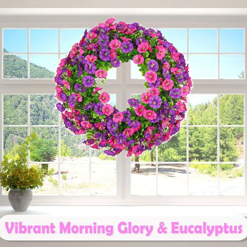 Summer Wreaths for Front Door, 21 Inch Artificial Morning Glory Boxwood Wreaths for Door Window Wall, Outdoor Spring Summer Wreath Weatherproof, Floral Porch Decor for All Season Purple Red in Saudi Arabia
