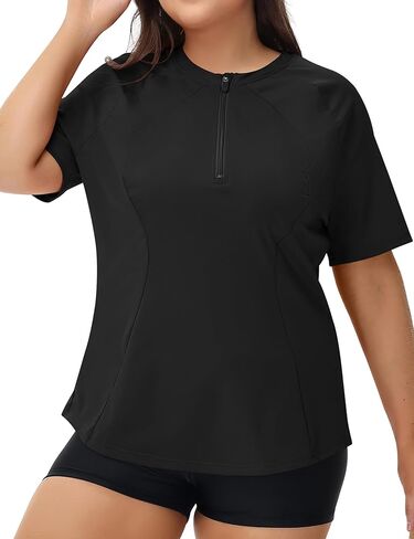 LOMON Womens Plus Size Rash Guard Short Sleeve Swim Shirts Quarter Zip UPF 50+ UV Sun Protection Swimsuit Swim Tops in Saudi Arabia