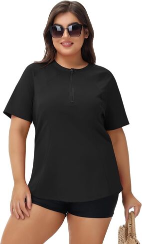 LOMON Womens Plus Size Rash Guard Short Sleeve Swim Shirts Quarter Zip UPF 50+ UV Sun Protection Swimsuit Swim Tops in Saudi Arabia