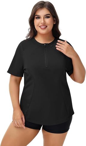 LOMON Womens Plus Size Rash Guard Short Sleeve Swim Shirts Quarter Zip UPF 50+ UV Sun Protection Swimsuit Swim Tops in Saudi Arabia