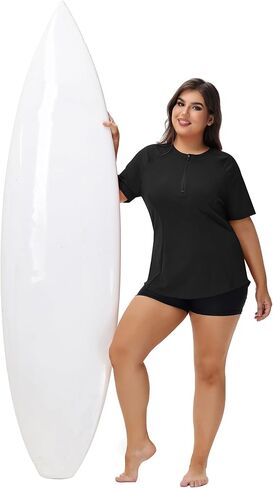 LOMON Womens Plus Size Rash Guard Short Sleeve Swim Shirts Quarter Zip UPF 50+ UV Sun Protection Swimsuit Swim Tops in Saudi Arabia