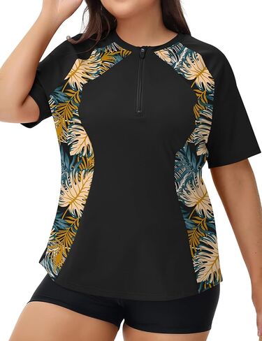 LOMON Womens Plus Size Rash Guard Short Sleeve Swim Shirts Quarter Zip UPF 50+ UV Sun Protection Swimsuit Swim Tops in Saudi Arabia