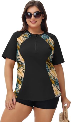 LOMON Womens Plus Size Rash Guard Short Sleeve Swim Shirts Quarter Zip UPF 50+ UV Sun Protection Swimsuit Swim Tops in Saudi Arabia