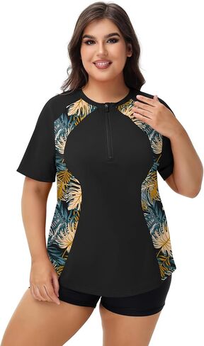 LOMON Womens Plus Size Rash Guard Short Sleeve Swim Shirts Quarter Zip UPF 50+ UV Sun Protection Swimsuit Swim Tops in Saudi Arabia