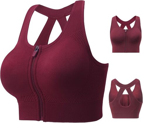 Racerback Padded Sports Bra for Women - Medium Support Zipper Front Workout Bra in Kuwait