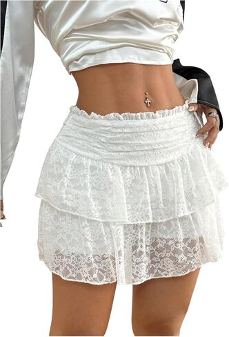 Milumia Women's Y2K Layered Lace Mini Skirt Ruched Mesh Ruffle Shorts Going Out Skort in Saudi Arabia