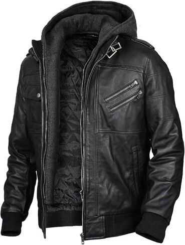 Mens leather jacket Geniune motorcycle Fashion jacket men with removable hood leather jacket for man Leather jacket. in Saudi Arabia