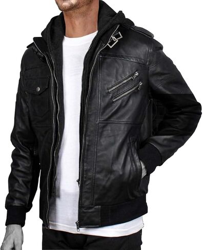 Mens leather jacket Geniune motorcycle Fashion jacket men with removable hood leather jacket for man Leather jacket. in Saudi Arabia