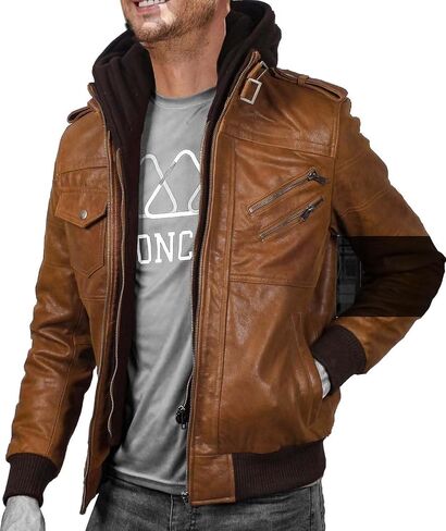 Mens leather jacket Geniune motorcycle Fashion jacket men with removable hood leather jacket for man Leather jacket. in Saudi Arabia