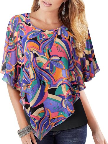 Lotusmile Women's Lightweight Flowy Shirt Double-Layered Printed Chiffon Poncho Blouse Top in Kuwait