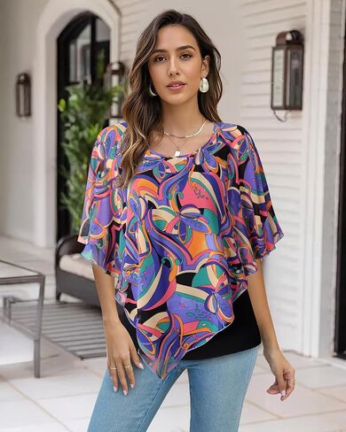 Lotusmile Women's Lightweight Flowy Shirt Double-Layered Printed Chiffon Poncho Blouse Top in Kuwait