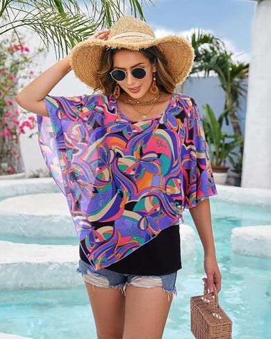 Lotusmile Women's Lightweight Flowy Shirt Double-Layered Printed Chiffon Poncho Blouse Top in Kuwait