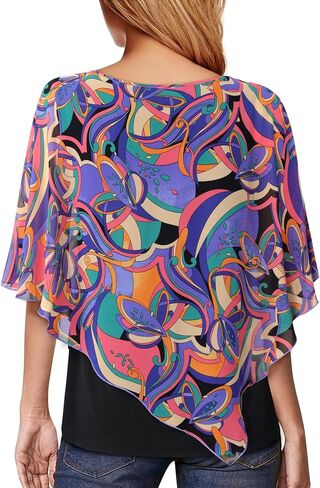 Lotusmile Women's Lightweight Flowy Shirt Double-Layered Printed Chiffon Poncho Blouse Top in Kuwait