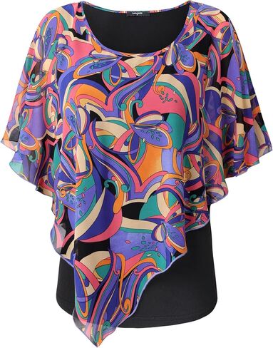 Lotusmile Women's Lightweight Flowy Shirt Double-Layered Printed Chiffon Poncho Blouse Top in Kuwait