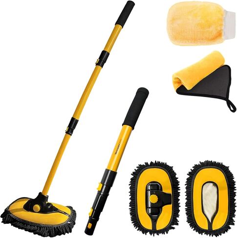 Car Wash Brush Mop with Long Handle, Car Wash Kit with 2 Chenille Mop Heads, 15° Curved Extension Pole Scratch-Free Microfiber Mitt Sponge Car Cleaning Supplies Accessories, Yellow in Saudi Arabia