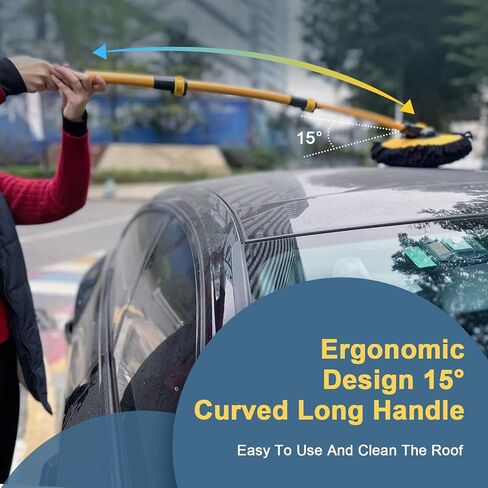 Car Wash Brush Mop with Long Handle, Car Wash Kit with 2 Chenille Mop Heads, 15° Curved Extension Pole Scratch-Free Microfiber Mitt Sponge Car Cleaning Supplies Accessories, Yellow in Saudi Arabia