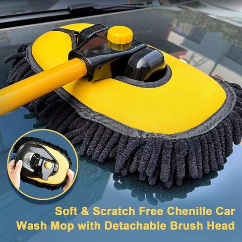 Car Wash Brush Mop with Long Handle, Car Wash Kit with 2 Chenille Mop Heads, 15° Curved Extension Pole Scratch-Free Microfiber Mitt Sponge Car Cleaning Supplies Accessories, Yellow in Saudi Arabia
