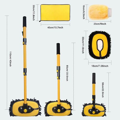 Car Wash Brush Mop with Long Handle, Car Wash Kit with 2 Chenille Mop Heads, 15° Curved Extension Pole Scratch-Free Microfiber Mitt Sponge Car Cleaning Supplies Accessories, Yellow in Saudi Arabia