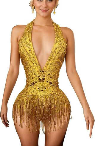 Sexy Yellow Crystal Bodysuit Fringe Nightclub Party Ds Leotard Birthday Celebrate Singer Team Pole Dance Clothing in Saudi Arabia
