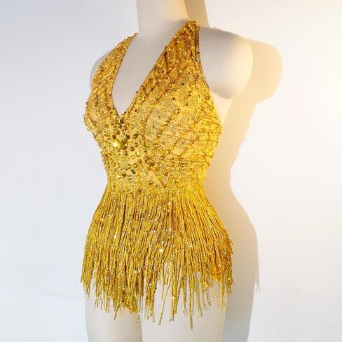 Sexy Yellow Crystal Bodysuit Fringe Nightclub Party Ds Leotard Birthday Celebrate Singer Team Pole Dance Clothing in Saudi Arabia