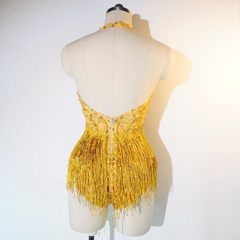 Sexy Yellow Crystal Bodysuit Fringe Nightclub Party Ds Leotard Birthday Celebrate Singer Team Pole Dance Clothing in Saudi Arabia