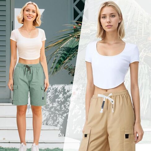 XinYangNi Women's Casual Cargo Shorts with Pockets Elastic High Waist Drawstring Bermuda Shorts for Women in Saudi Arabia