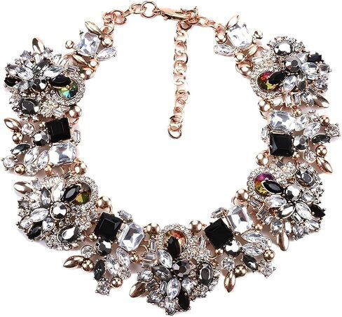 قلادة مريلة ذهبية صفراء 14 كيلو لسيدة MRS ، ZA ZA Emerald Indian Colorful Develed Deted Right Women ، Black Crystal Chunky Rhinestone Garge Clar Big Bib Netlace Jewelry in Kuwait