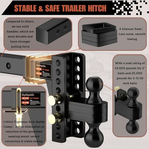 2" Adjustable Trailer Hitch - 4" Rise/Drop Height, 2'' & 2-5/16'' Ball Hitches 25000 Lbs Heavy Duty Towing Ball Mount, RVs, Campers, Boat Trailers in Kuwait