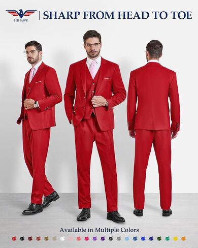 Hihawk Men’s 3 Pieces Suit, Slim Fit Tuxedo with Two Buttons, Jacket Vest Pants & Tie Set for Party, Wedding and Business in Saudi Arabia