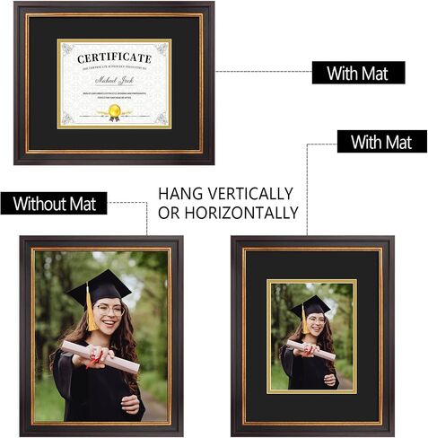 Frametory, 7x9 Diploma Frame with (Black/Gold) Double Mat or 11x14 Without Mat, Black Gold & Burgundy, Sawtooth Hangers, Wall Display for Pictures/Certificates/Documents, Real Glass in Kuwait