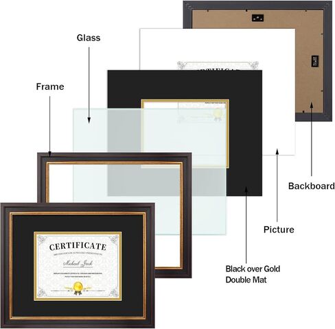 Frametory, 7x9 Diploma Frame with (Black/Gold) Double Mat or 11x14 Without Mat, Black Gold & Burgundy, Sawtooth Hangers, Wall Display for Pictures/Certificates/Documents, Real Glass in Kuwait