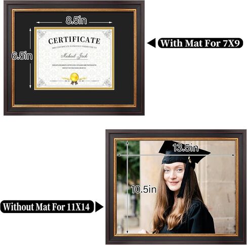 Frametory, 7x9 Diploma Frame with (Black/Gold) Double Mat or 11x14 Without Mat, Black Gold & Burgundy, Sawtooth Hangers, Wall Display for Pictures/Certificates/Documents, Real Glass in Kuwait