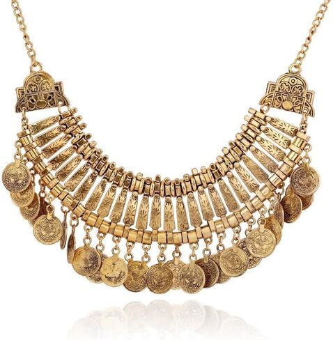 Vintage Engraved Coin Bib Collar Statement Necklace for Women Men Boho Ethnic Gypsy Chunky Tassel Choker Bohemian Retro Gothic Clavicle Chain Necklaces Halloween Party Carnival Festival Jewelry Costume in Saudi Arabia