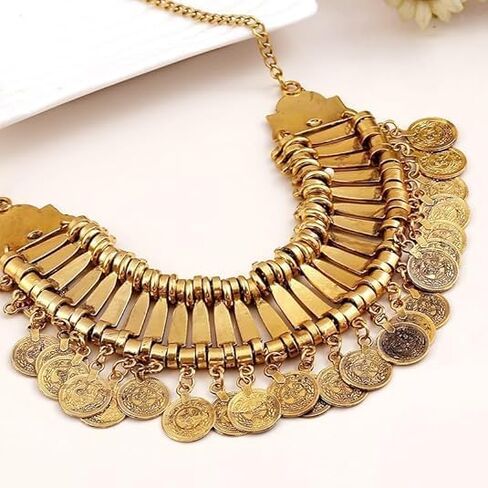Vintage Engraved Coin Bib Collar Statement Necklace for Women Men Boho Ethnic Gypsy Chunky Tassel Choker Bohemian Retro Gothic Clavicle Chain Necklaces Halloween Party Carnival Festival Jewelry Costume in Saudi Arabia