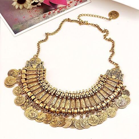 Vintage Engraved Coin Bib Collar Statement Necklace for Women Men Boho Ethnic Gypsy Chunky Tassel Choker Bohemian Retro Gothic Clavicle Chain Necklaces Halloween Party Carnival Festival Jewelry Costume in Saudi Arabia