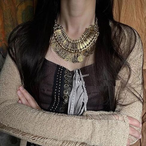 Vintage Engraved Coin Bib Collar Statement Necklace for Women Men Boho Ethnic Gypsy Chunky Tassel Choker Bohemian Retro Gothic Clavicle Chain Necklaces Halloween Party Carnival Festival Jewelry Costume in Saudi Arabia