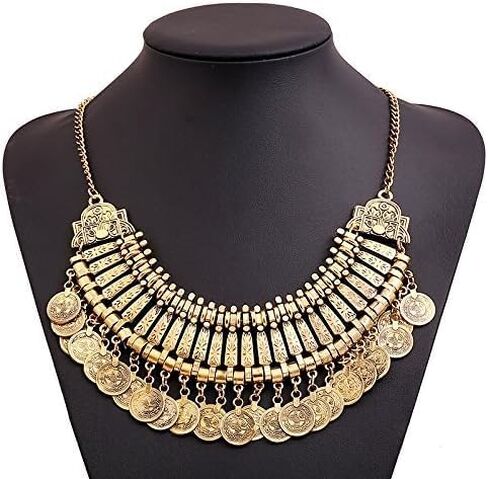 Vintage Engraved Coin Bib Collar Statement Necklace for Women Men Boho Ethnic Gypsy Chunky Tassel Choker Bohemian Retro Gothic Clavicle Chain Necklaces Halloween Party Carnival Festival Jewelry Costume in Saudi Arabia