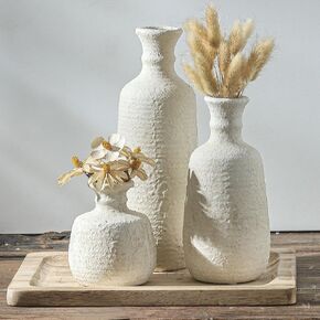 Ceramic Vase Set of 3 with Handle, Neutral Rustic Vases Home Decor Farmhouse Decorative Vase Whitewashed Pottery Decor Modern for Table Mantel Entryway Bookshelf Living Room Kitchen Bedroom - White