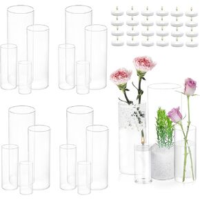 UDU Set of 16 Cylinder Glass Vases and 24 Pcs Floating Candles for Centerpiece, 4,6,8,10 Inch Tall Clear Hurricane Candle Holder Glass Vases for Centerpiece Table Wedding Home Decor