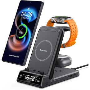 محطة شحن SwanScout لأجهزة Samsung، شاحن لاسلكي 3 في 1 لأجهزة Samsung Galaxy S24 Ultra/S24+/S24/S23 Ultra/S23/S22/Note 20، وساعة Galaxy Watch 6/6 Classic/5/5 Pro/4، وGalaxy Buds 2 Pro/ برو (للسفر)