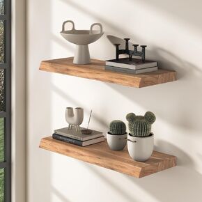 Floating Shelves for Wall, 24" Live Edge Solid Elm Wood Floating Shelf, Wall-Mounted Display Shelves with Invisible Heavy-Duty Metal Bracket, Floating Shelf for Kitchen (Natural, Set of 2)