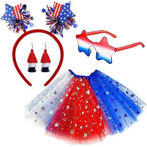 4th of July Tutu Set Red White and Blue Patriotic Costume Accessories | Independence Day Costume Gift for Women Girls Independence Day Memorial Day Party Favors (4th of July Tutu Set)