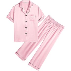 SWOMOG Girls Boys Silk Satin Pajamas Set Button-Down Two-Piece PJs Lounge Sets with Long Pants