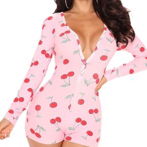 icnglksnd نساء مثير الأكمام الطويلة bodycon بذلة قصيرة بعقب رفرف زر الرومبير لأعلى قطعة واحدة عيد الحب ملابس النوم