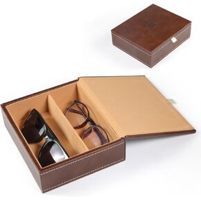 PU Leather Eyeglasses Case, Handmade Upmarket Sunglasses Storage Organizer,2 Slots,Magnetic Closing Switch, Suede Lined Travel gear Eyeglass Display Box,Travel equipment
