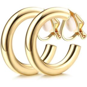 Gold Hoop Clip on Earrings for Women, 14K Geometric Plated Chunky Hoop Clip Earrings for Women Non Pierced